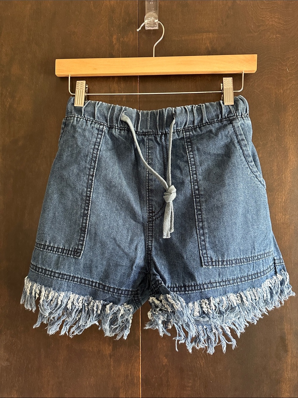 Frayed Hem Denim Drawstring Shorts